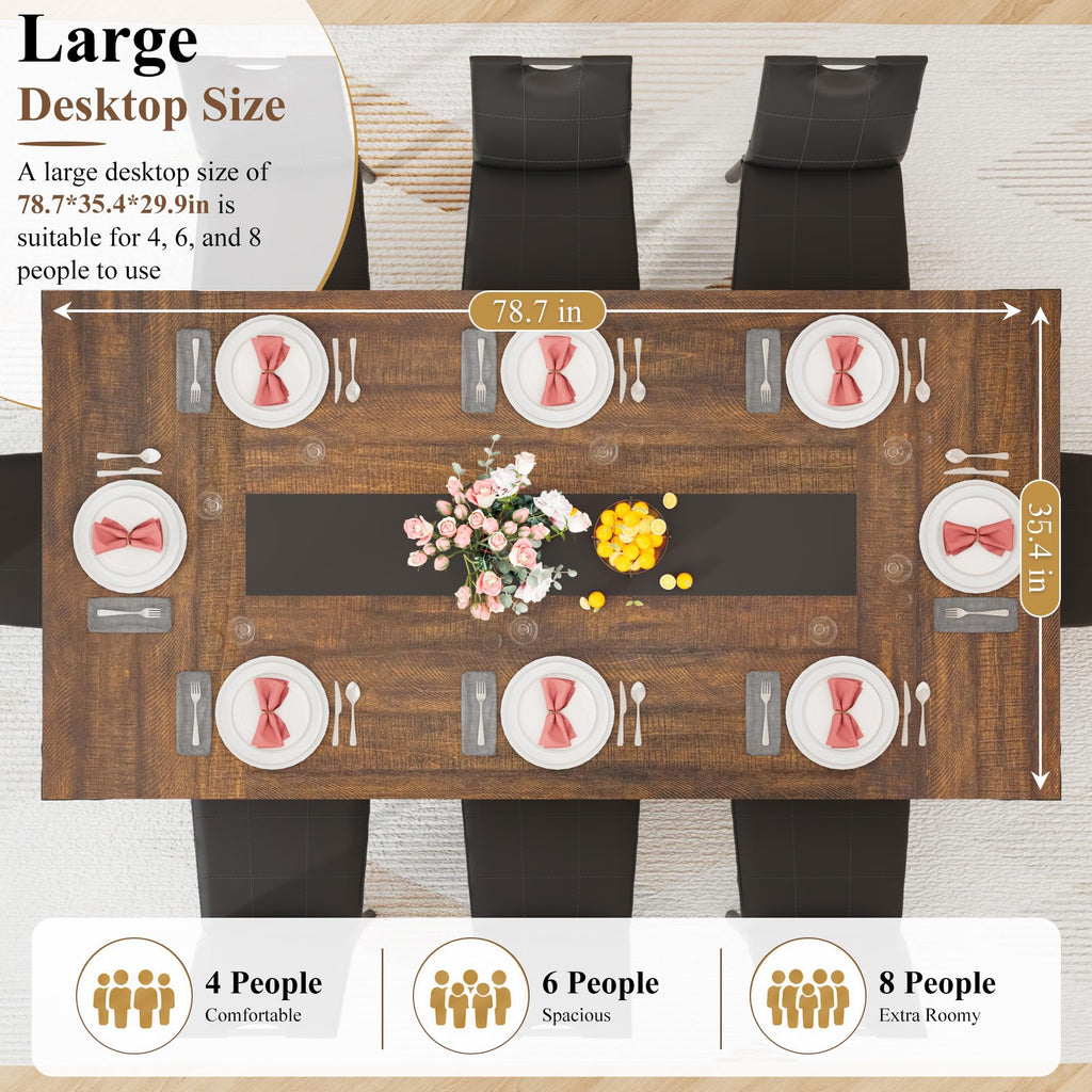 78" Farmhouse Dining Table for 6 8 People, Rectangular Wood Kitchen Dinner Table with Thick Waterproof Tabletop &