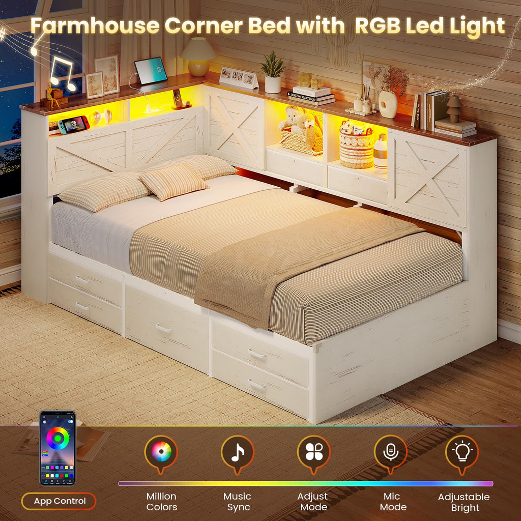 Farmhouse Corner Bed with 7 Drawers & Sliding Doors, White