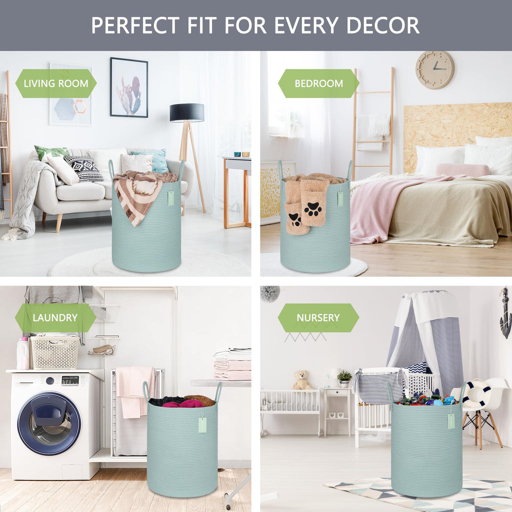 Large Cotton Rope Laundry Hamper for Clothes 65L, Light Green