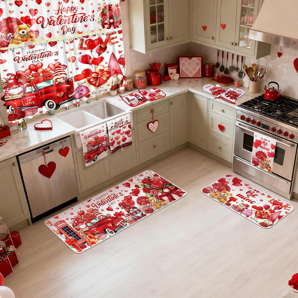 Valentine's Day Kitchen Sets with Kitchen Towels Non Slip Mats Curtains Valance Pot Holders Oven Mitts Red - Set of 13