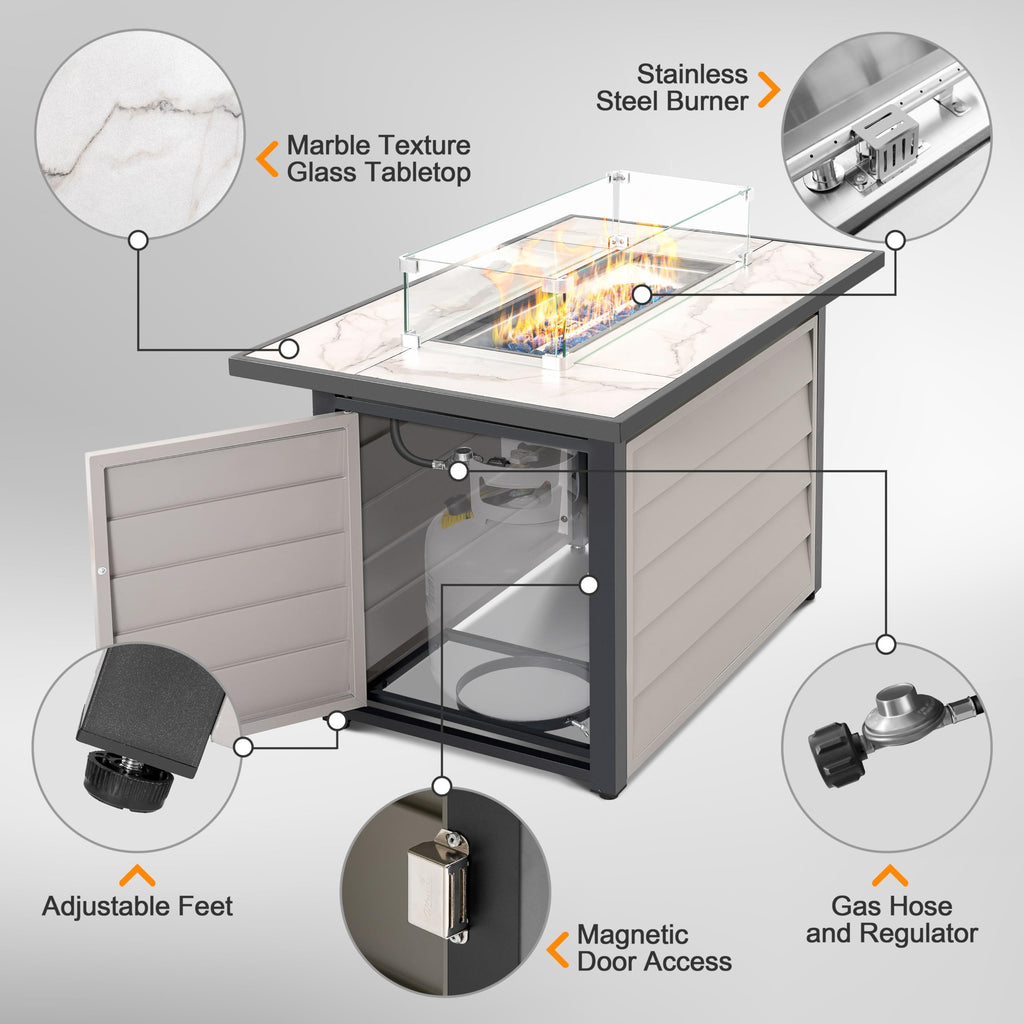 43'' Patio Propane Fire Pit Table, 50, 000 BTU Gas Fire Pit with Marble-Textured Glass Top, Wind Guard, Lid, Glass