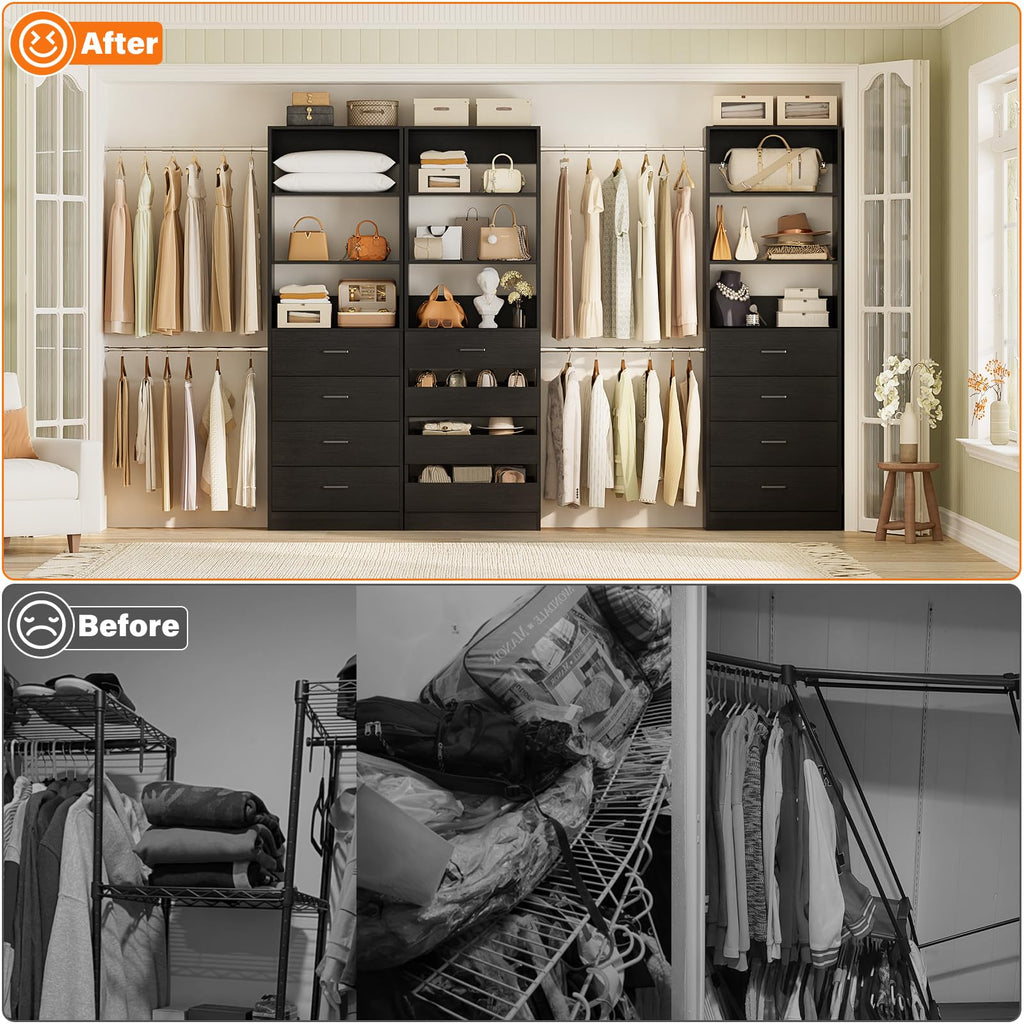 Closet System with 12 Drawers, 8.5-11.5Ft Wood Closet Organizer