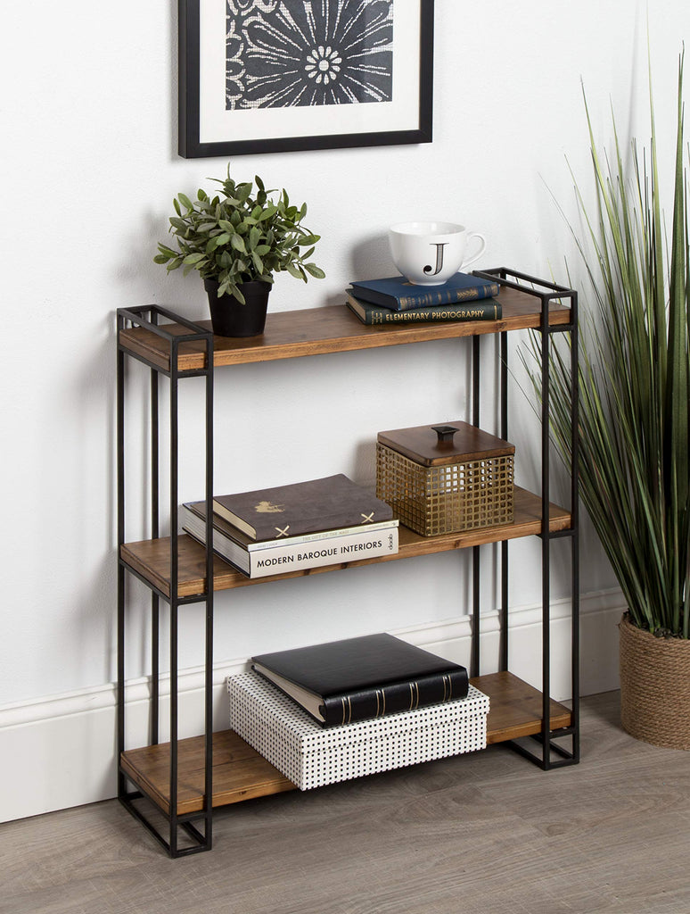 Lintz Modern Industrial Solid Wood with Black Metal Frame Floating Wall Shelves, Rustic Brown