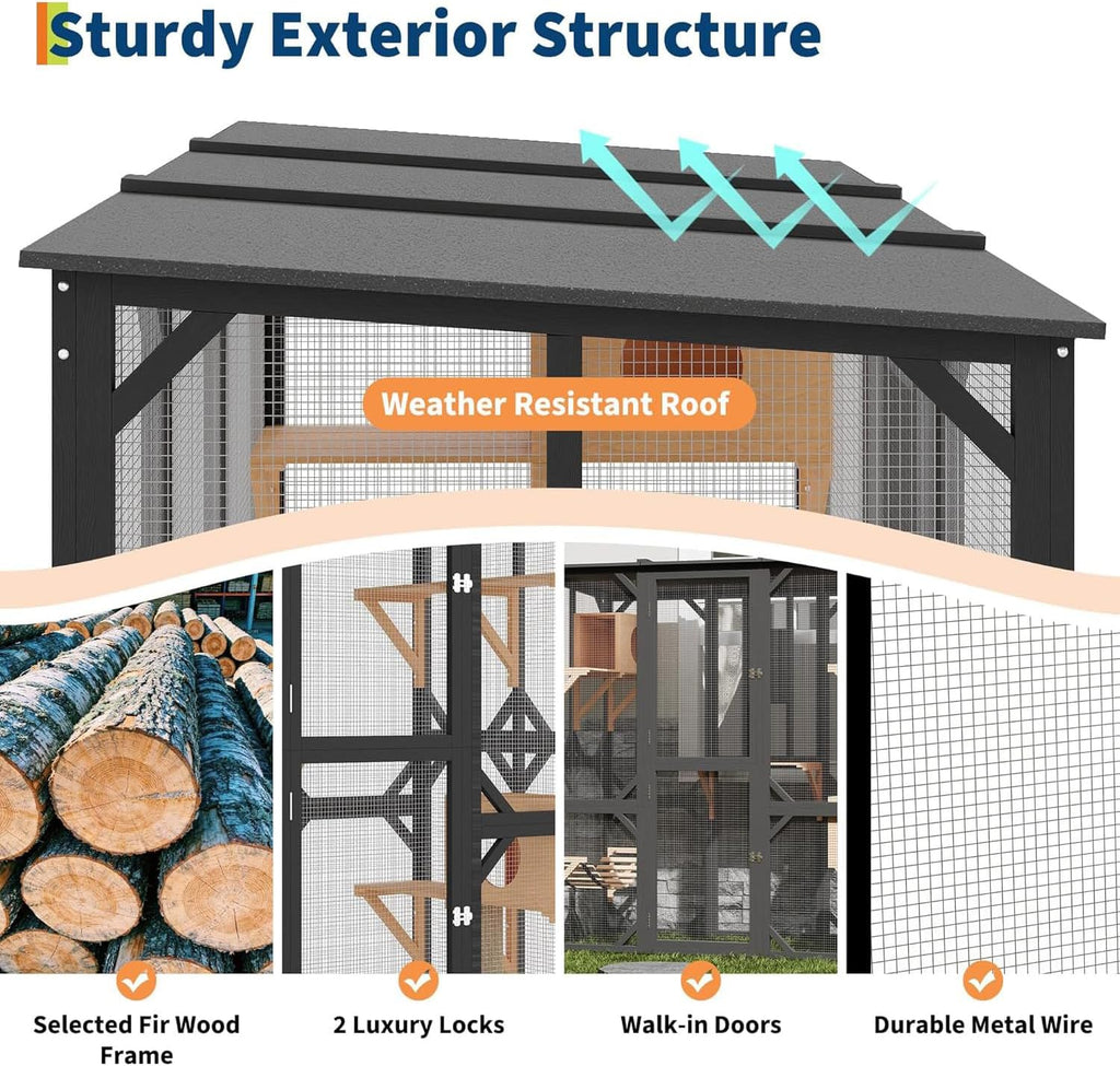 Large Walk-in Wooden Catio for 2-4 Cats - Outdoor Enclosure with Waterproof Roof & Sisal Mark-resistanting Post