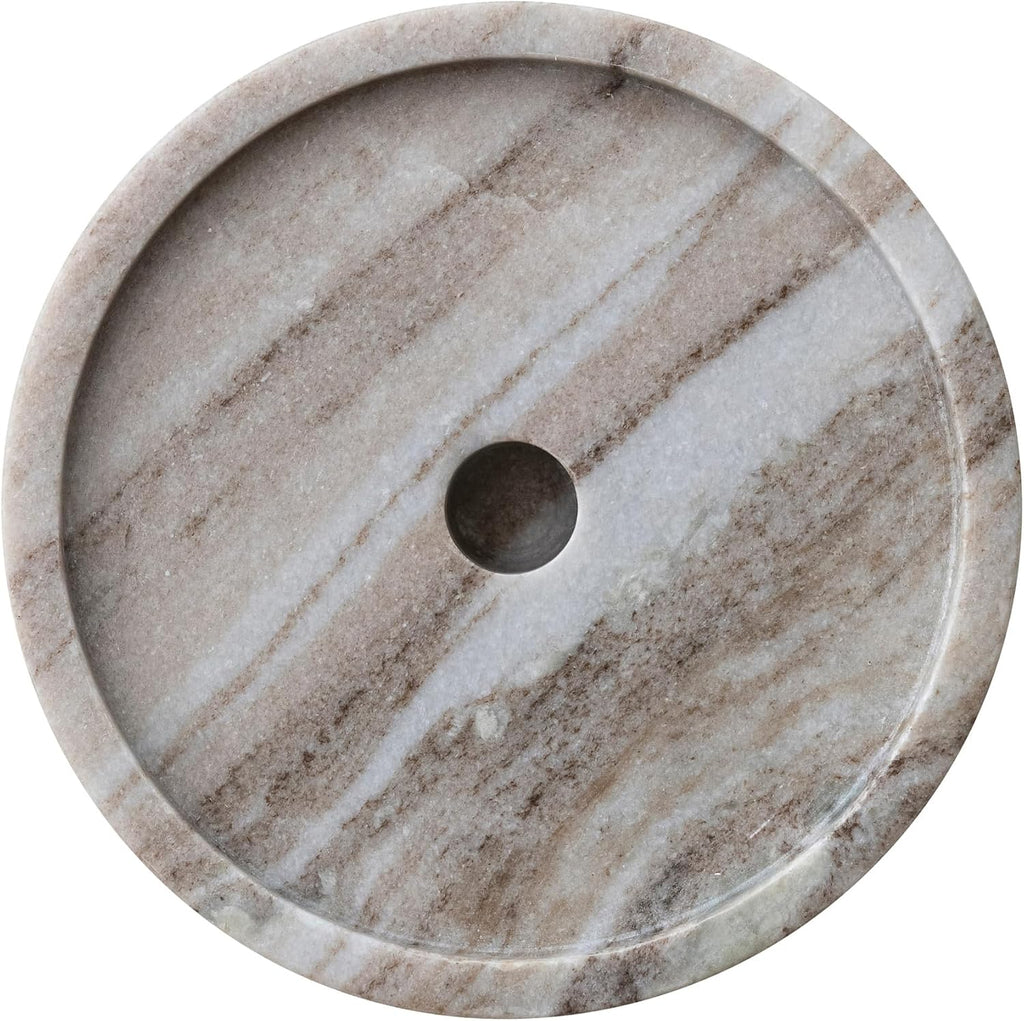 Round Marble Taper/Pillar Candle Holder with Glass Hurricane, Beige Finish