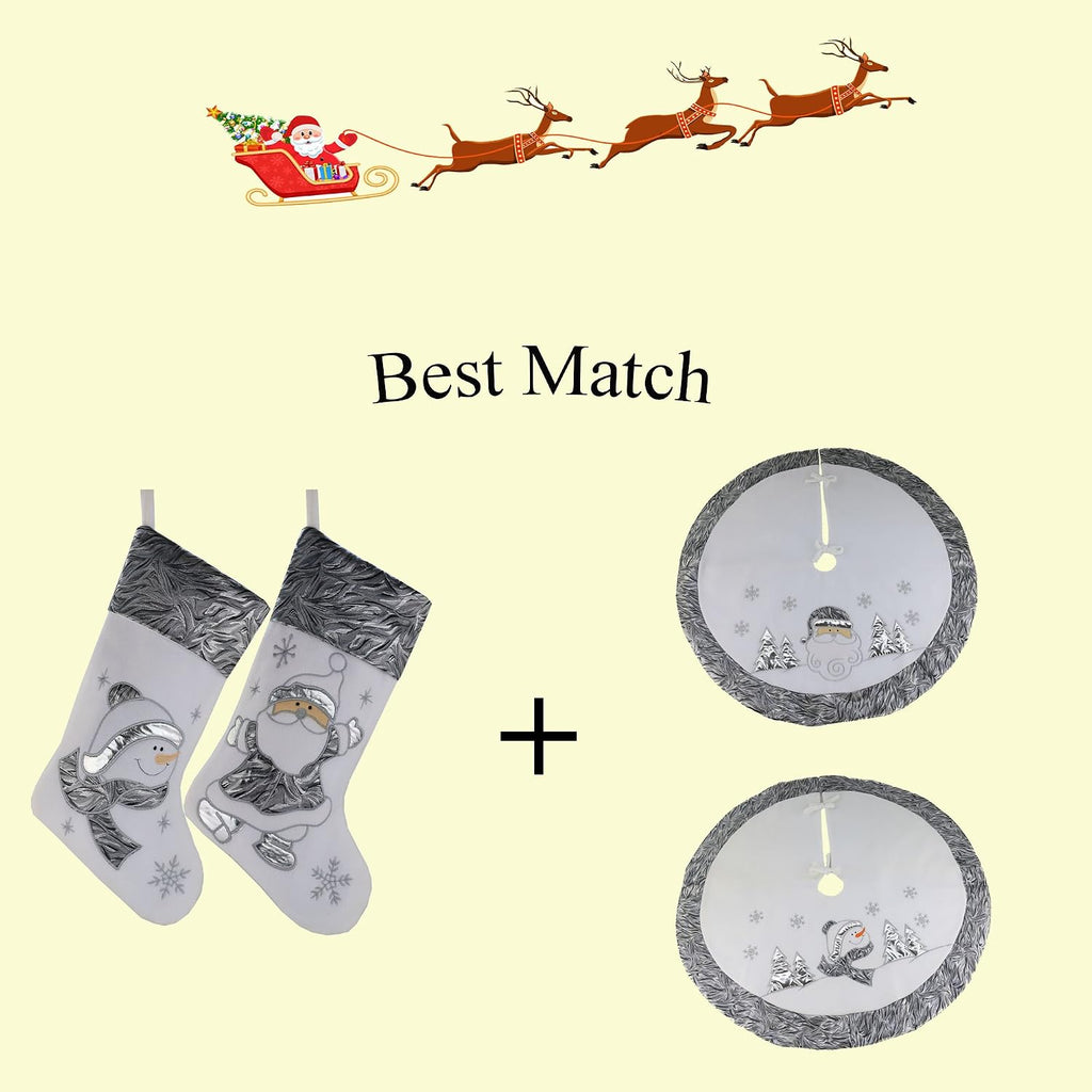Classic White Silvery Christmas Stockings Santa, Snowman Xmas Character Fireplace Hanging Stockings 17 - Set of 2