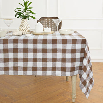 Linen Buffalo Plaid Tablecloth, 60x108 In, Brown and White