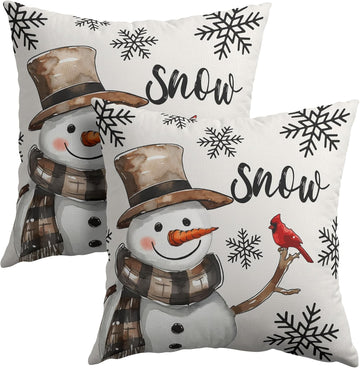 Snowman Throw Pillow Cover Christmas Pillowcase 18x18 Inch Snowflake and Red Cardinal Bird Decorative - Set of 2