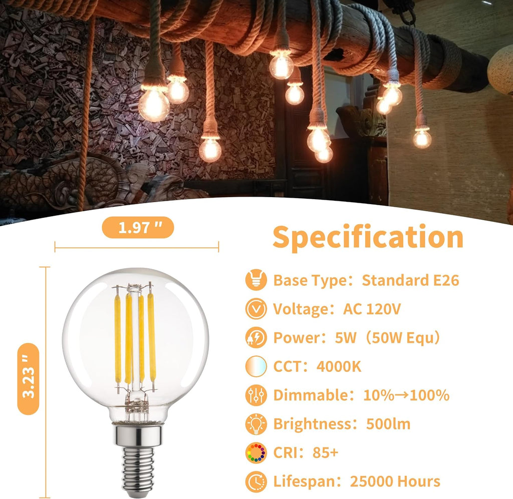 G16.5 Led Bulb, Small Round Edison Light Bulbs, Dimmable E12 Globe Clear Vanity Light Bulbs, 5w 4000k Vintage LED