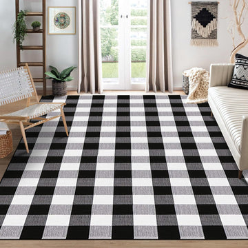 Buffalo Plaid Rug Black and White Checkered Area Rugs, Cotton Hand-Woven Washable Indoor Outdoor Rugs