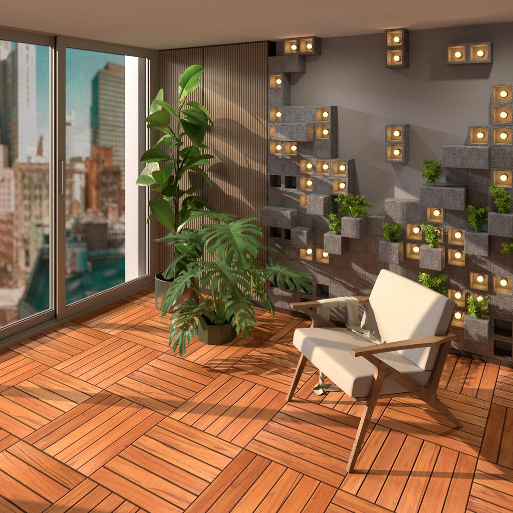 Hardwood Deck Tile (Pack of 10, 12"x12") - Interlocking Patio Tiles in Solid Acacia Wood, Oiled Finish, Waterproof, All