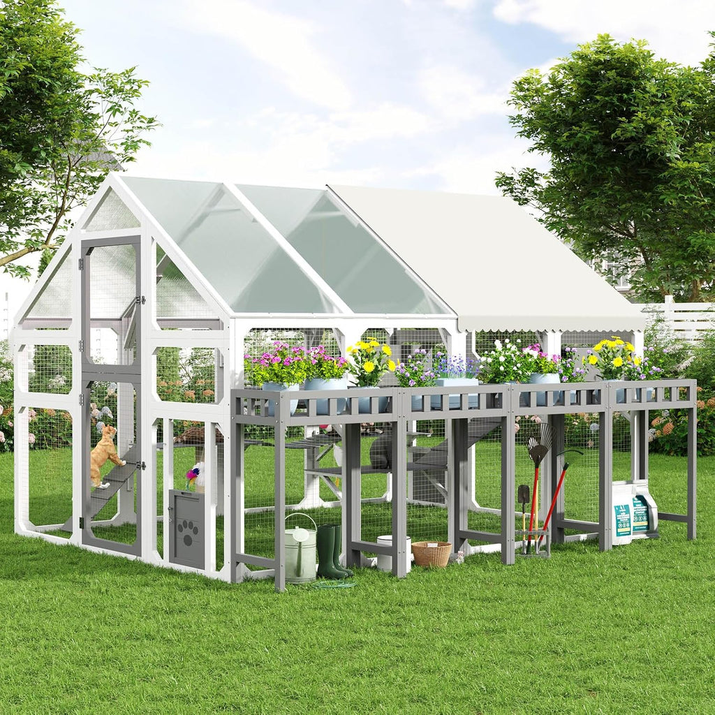 Extra Large Catio Outdoor Cat Enclosure for Multiple Cats, Grey&White