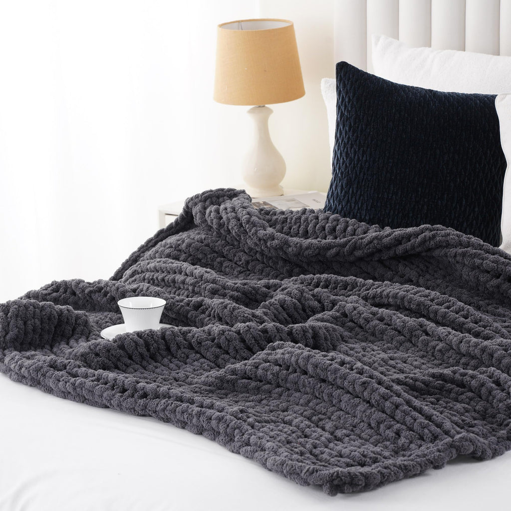 Chunky Knit Throw Blanket, Dark Grey Chenille Throw Blanket 50x60in