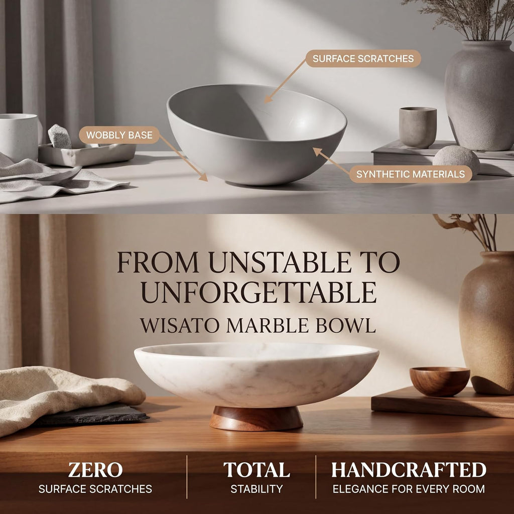 Decorative Marble Bowl White - Handcrafted Natural Stone on Removable Acacia Wood Pedestal Base - Versatile 10"