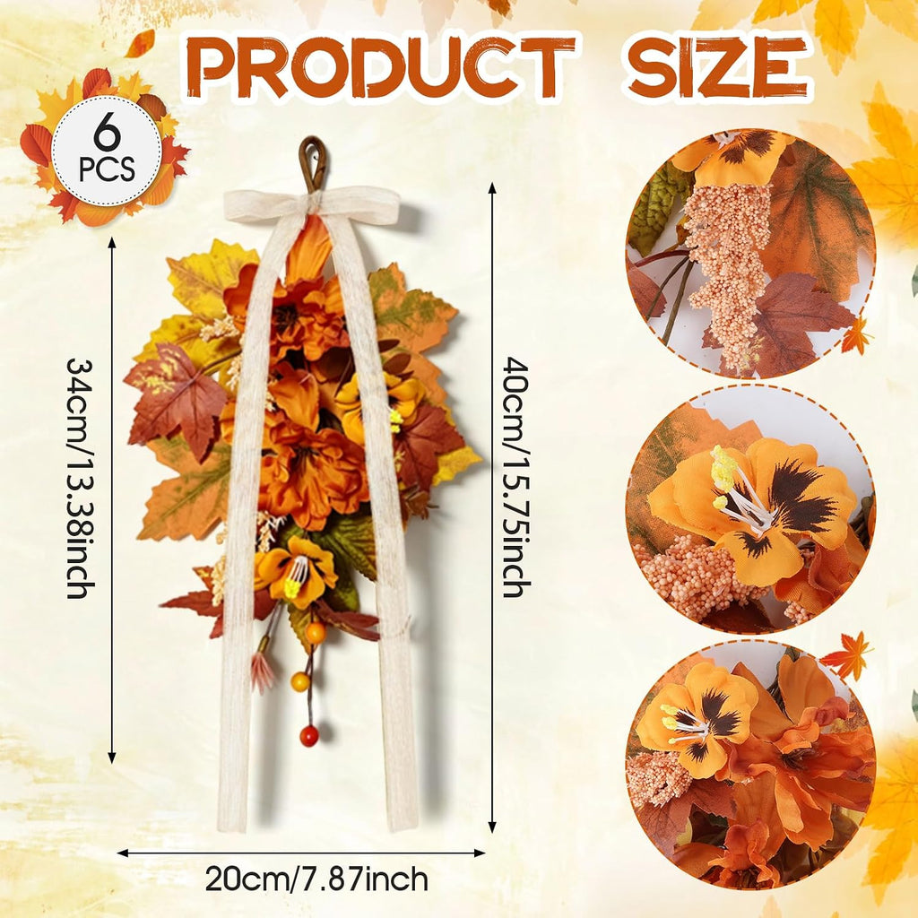 Fall Lantern Teardrop Swag with Bow 16" Mini Autumn Floral Swag with Peony Wheat Maple Leaves Thanksgiving - Set of 6