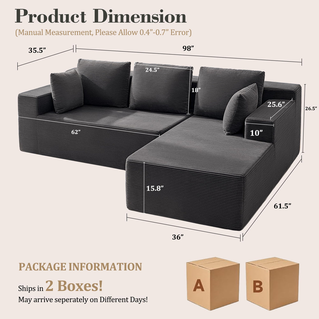 98" Cloud Sectional Boneless Couches, Modular L Shaped Sofa with Left Facing Chaise, Dual-Layer Foam, Corduroy
