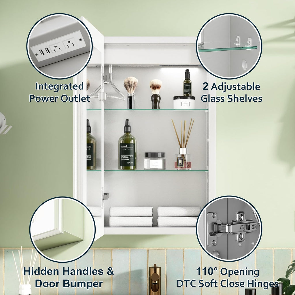 LED Lighted Medicine Cabinet with Mirror 16-in W x 26-in H Bathroom Mirror Cabinet with Wall Mounted 3 Color