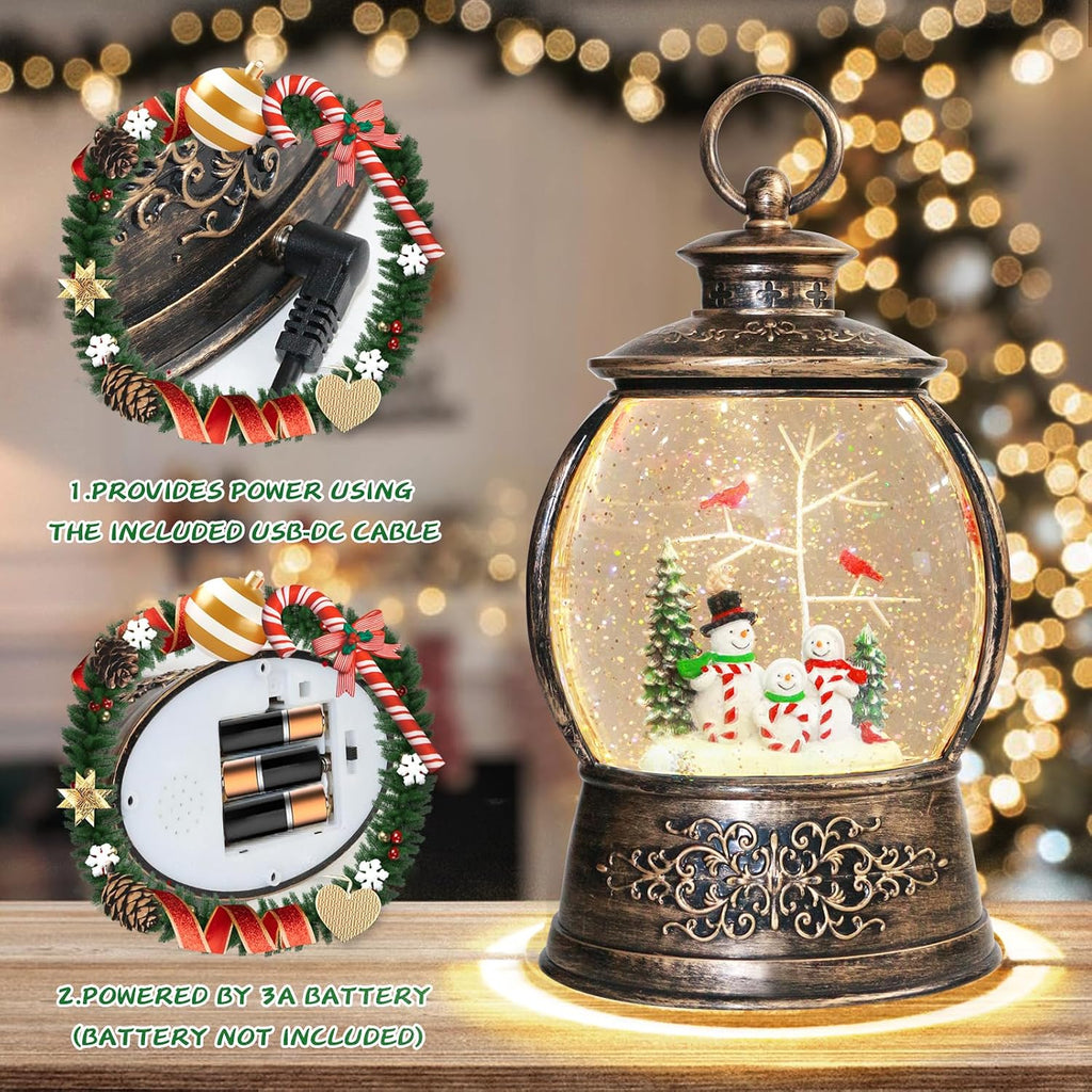 Christmas Cardinal Snow Globe 12.5In High, Snowman Musical Snow Globe Lantern Lights with 6 Hour Timer and Batteries