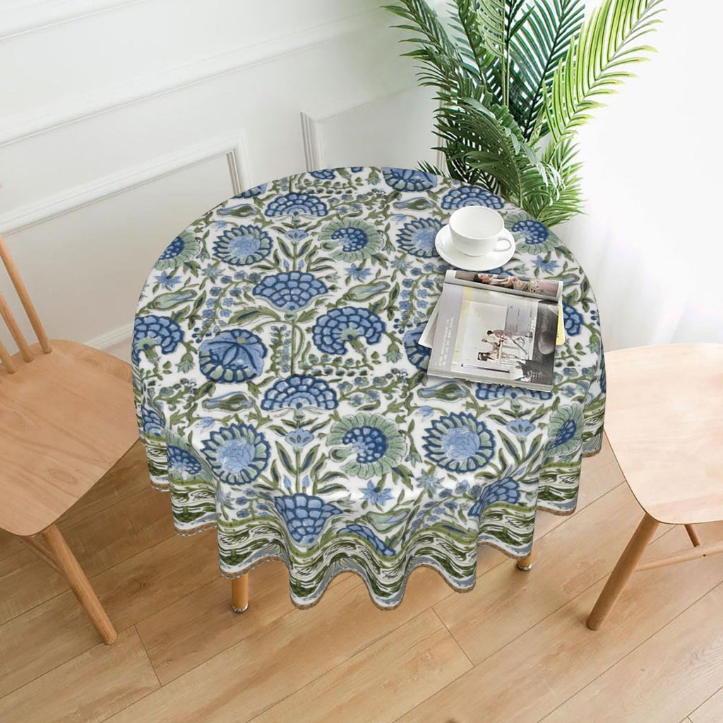 Boho Navy Blue Tablecloth 70 Inch Round Sage Green Floral Table Cloth Vintage Flower Decorative Polyester Stain
