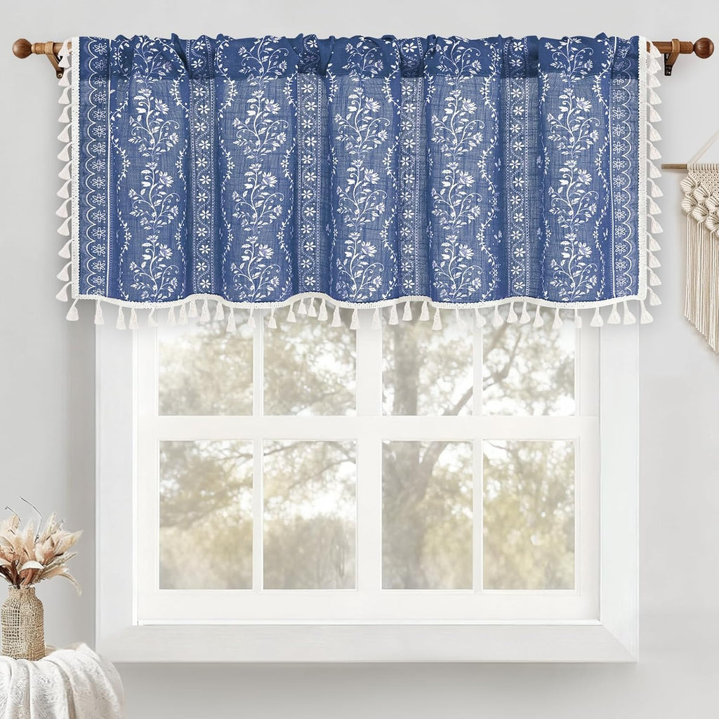 Boho Valance Curtains Vintage Linen Blue Kitchen Valances for Windows Light Filtering Bohemian Floral Valance Rod