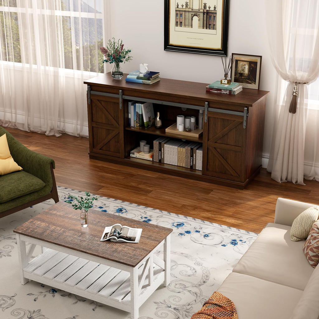 58" TV Stand for TVs up to 65", Sliding Barn Doors, Espresso | Farmhouse Entertainment Center, Storage Cabinets