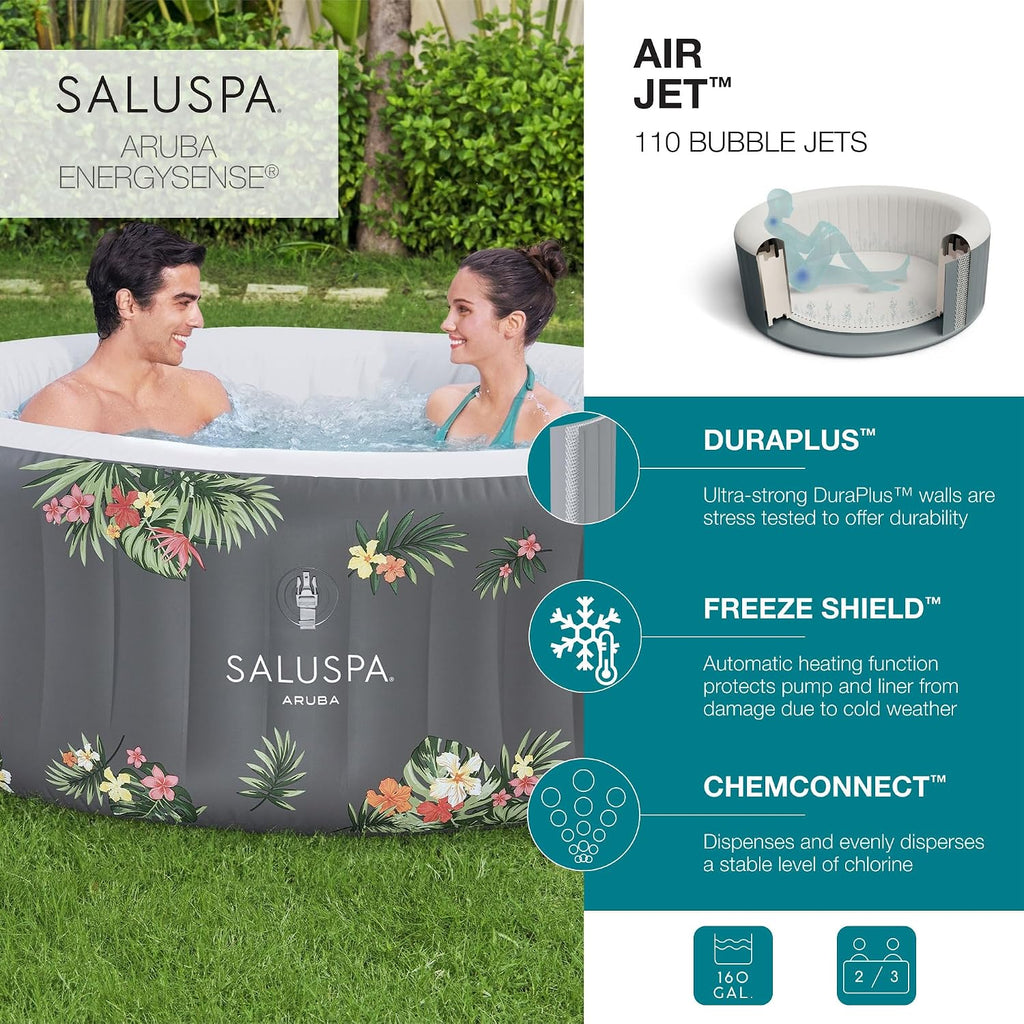 SaluSpa Aruba 2 to 3 Person Inflatable Hot Tub, Round Energy-Efficient Portable Outdoor Spa with 110 AirJets, 67" x