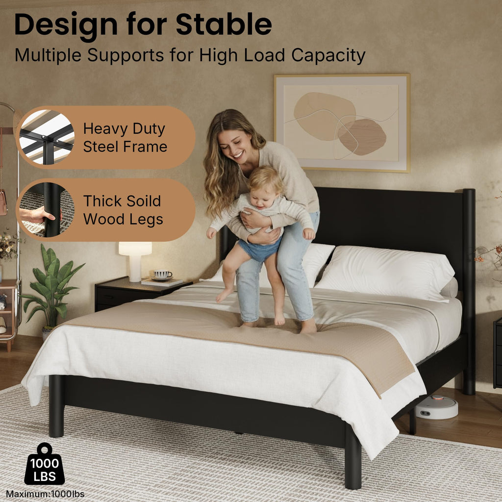 King Size Platform Bed Frame with Wood Headboard, Black