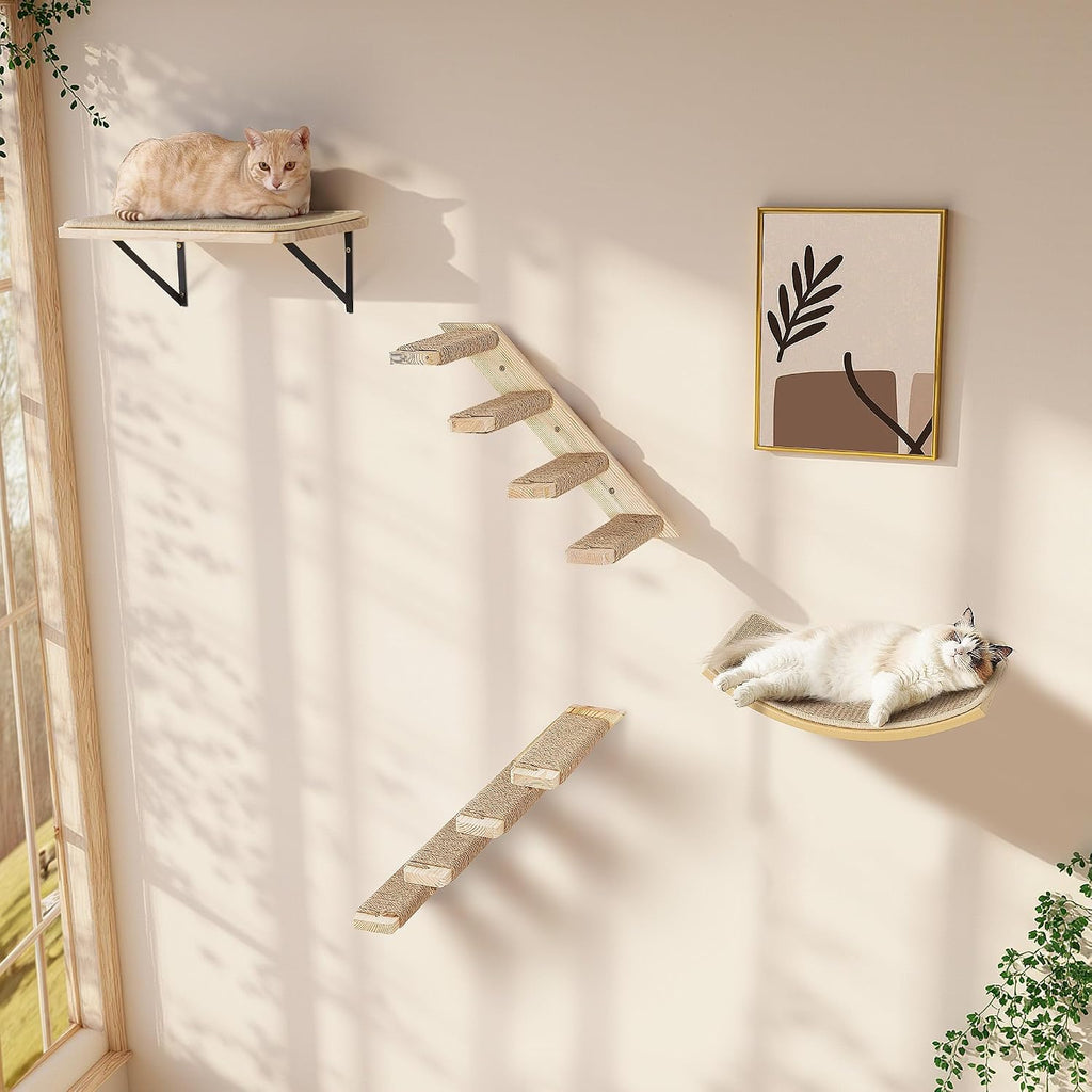 Cat Wall Shelves Set with Sisal Cats Stairs, 4 Piece Wooden Climbing Furniture with Scratchable Curved Bed, Flat