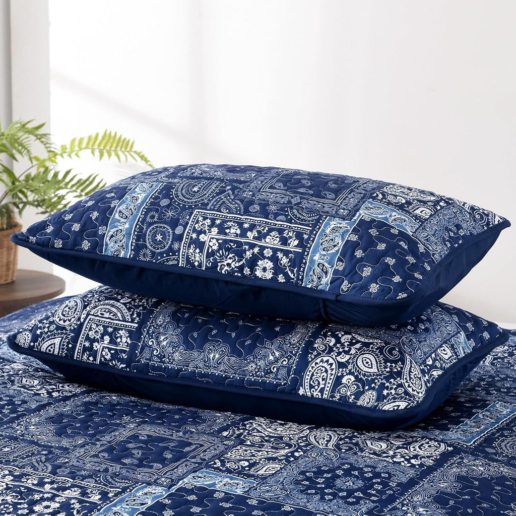 Blue Patchwork Quilt Set Queen,Boho Navy Blue Quilt Set,Paisley Farmhouse Bedspread Soft Microfiber Bedding Set for