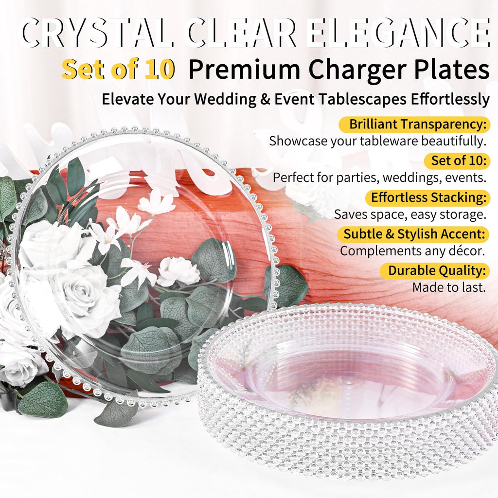 10Pcs Silver Rim Clear Charger Plates Bulk Wedding - 13" Premium Clear Plastic Chargers with Silver Beaded