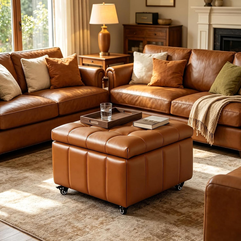 Square Leather Ottoman with Storage and Wheels,360°Rolling ottoman,Faux Leather Flip Top Storage Footstool Coffee