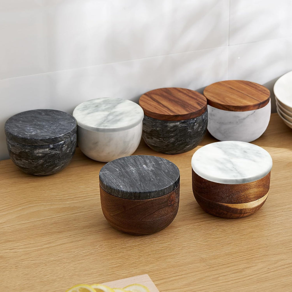 Acacia Wood Salt Cellar with white Marble Lid, 10oz Pinch Pot & Spoon