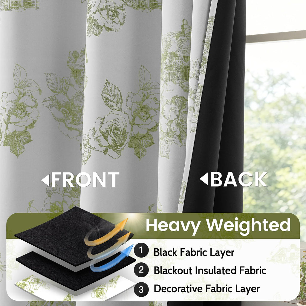 100% Blackout Curtains Green Curtains Floral 63 Inch
