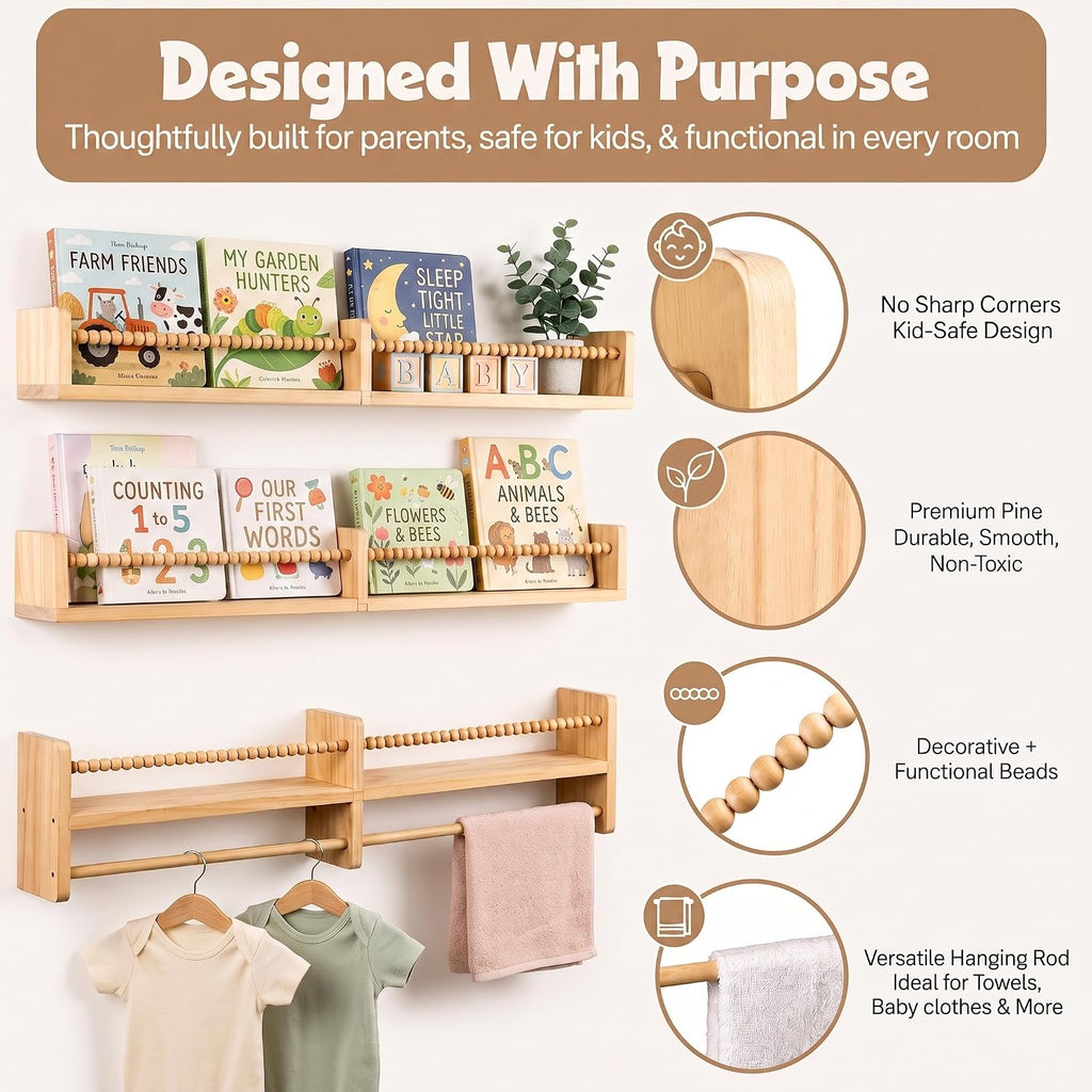 Nursery Shelves for Wall, Set of Premium Solid Pine Nursery Bookshelf with Hanging Rod, Rounded Edges, Wall