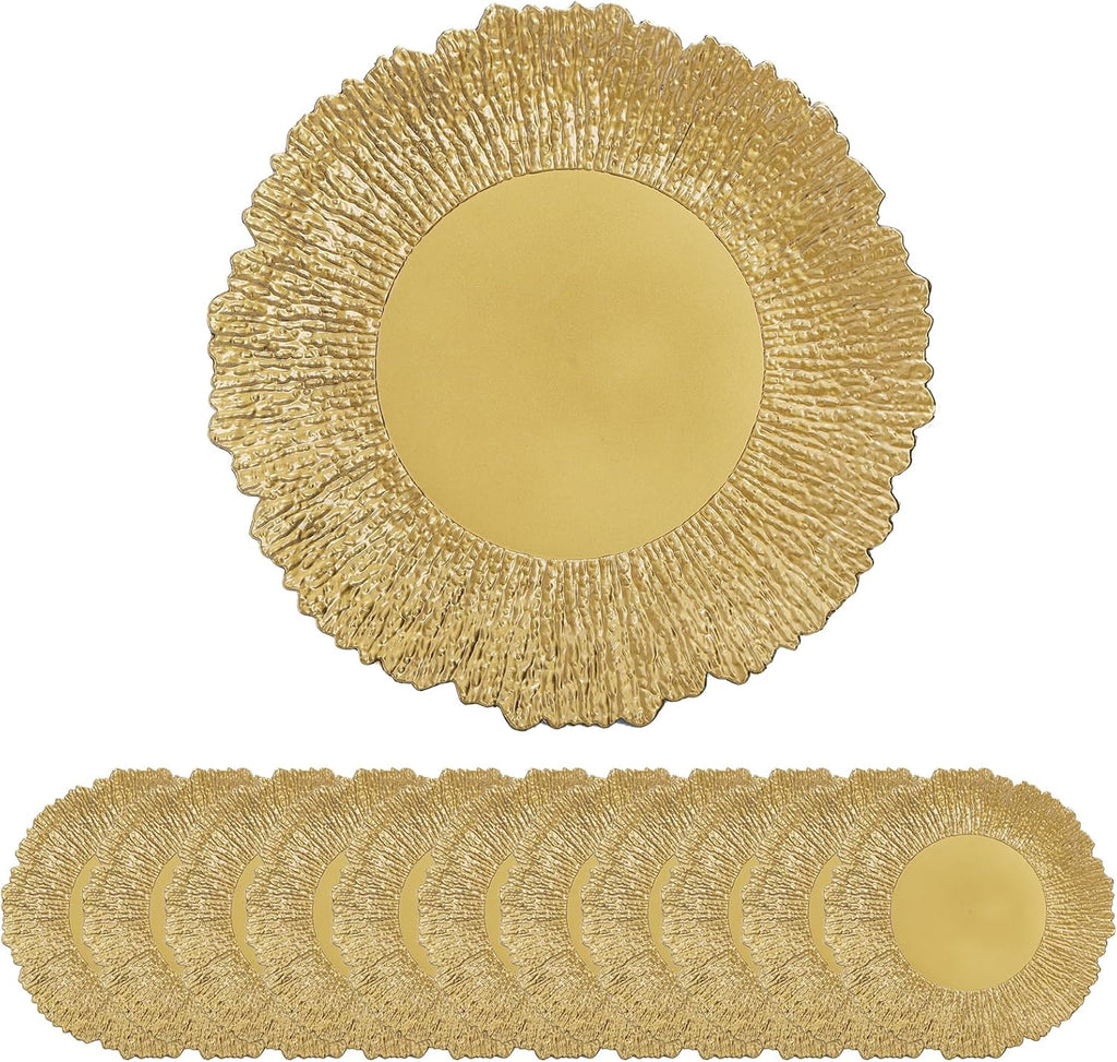 Gold Charger Plates, 13" Plastic Reef Serving Chargers for Dinner Plate Reusable Round Shiny Decorative - Set of 12