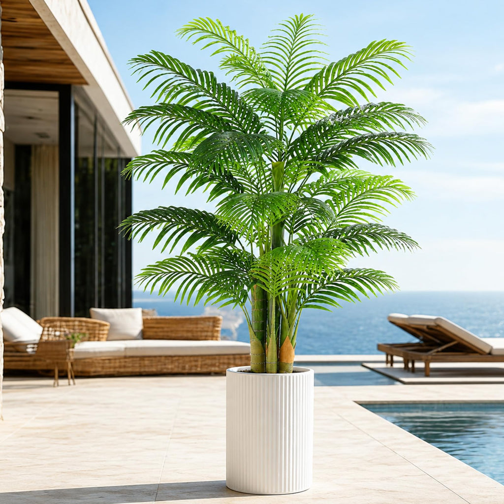 5ft Triple Golden Cane Palm Artificial Tree, Tall Faux Palm Tree with 19 Realistic Leaves, UV Resistant Fake Tropical