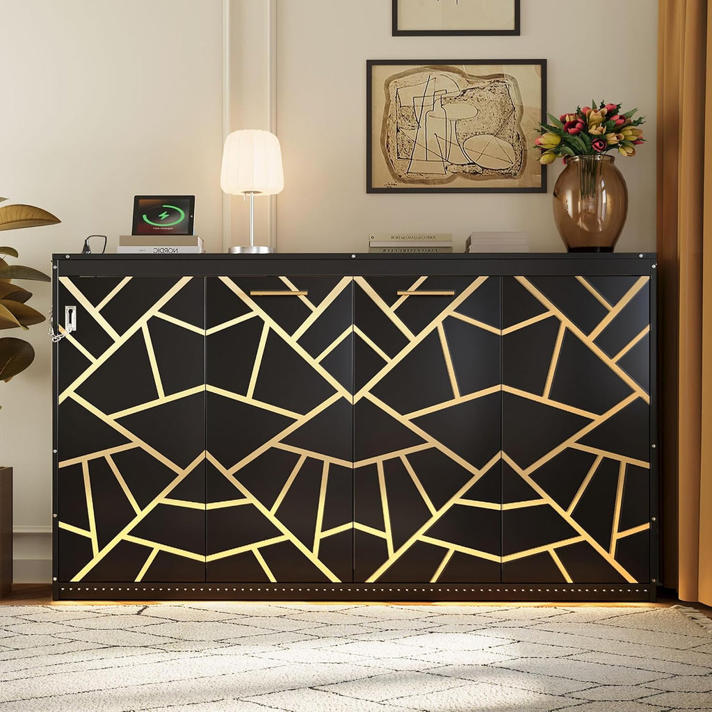 Modern Side-Folding Murphy Bed with Trendy Printed Pattern, Murphy Cabinet Wall Bed Frame with LED