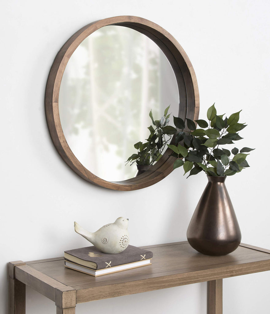 Hutton Round Decorative Modern Wood Frame Wall Mirror, 22 Inch Diameter, Natural Rustic