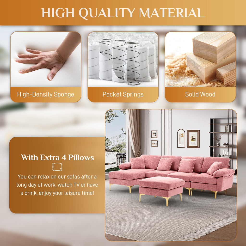 114" U-Shaped Sectional Couch with Ottoman, Pink