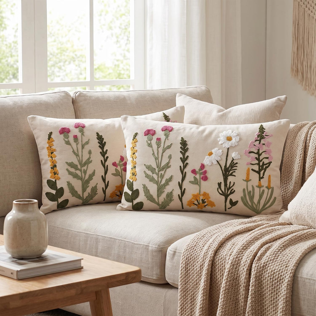 Spring Summer Floral Daisy Embroidered Throw Pillow Covers, 12 x 20 Inch Beige Colorful Flowers Decor Tufted