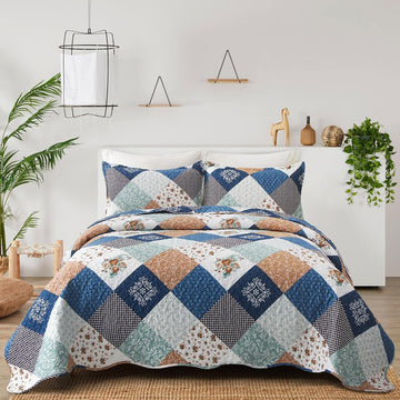Reversible Patchwork Quilt Bedding Set Queen Blue Green Grey Plaid Floral Pattern Bedspread Set Soft Microfiber