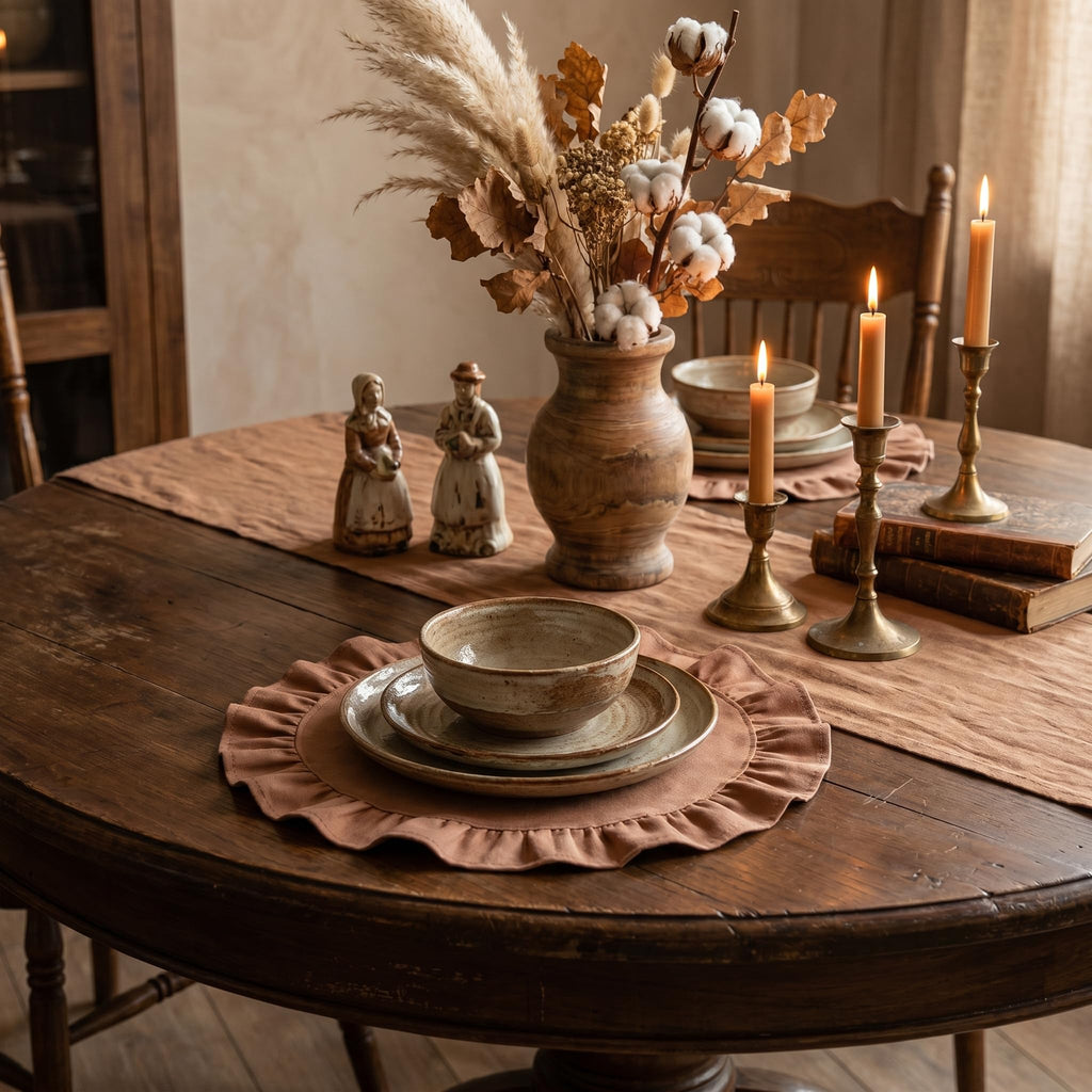 Round Ruffled Linen Blend Placemats, 15 Inch Scalloped Table Mats, Set of 4