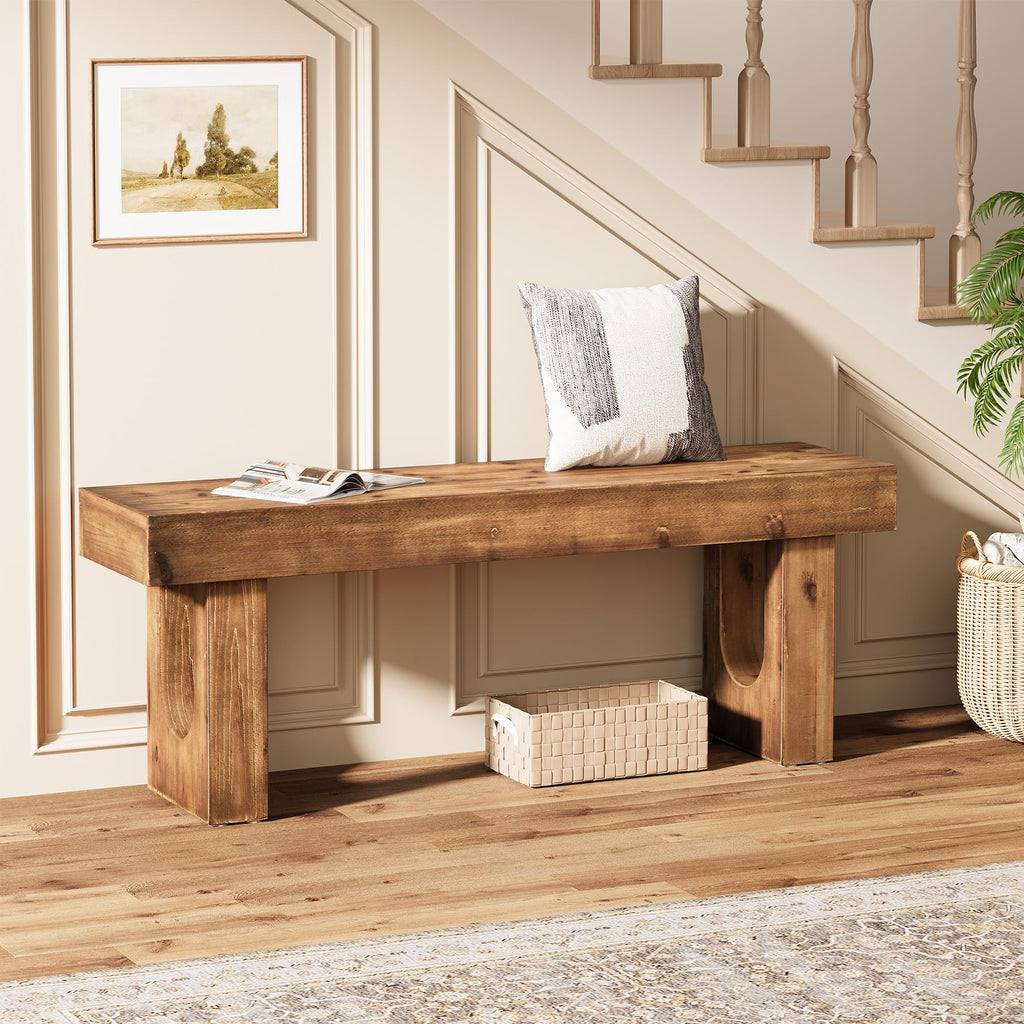 Solid Wood Bench, 47" Long Farmhouse Entryway Bench with Sturdy Legs, Narrow Rustic End of Bed Bench, Easy Assembly