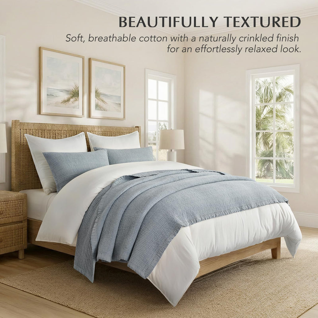 Stonewashed Textured Cotton Quilt Set, Blue Linen