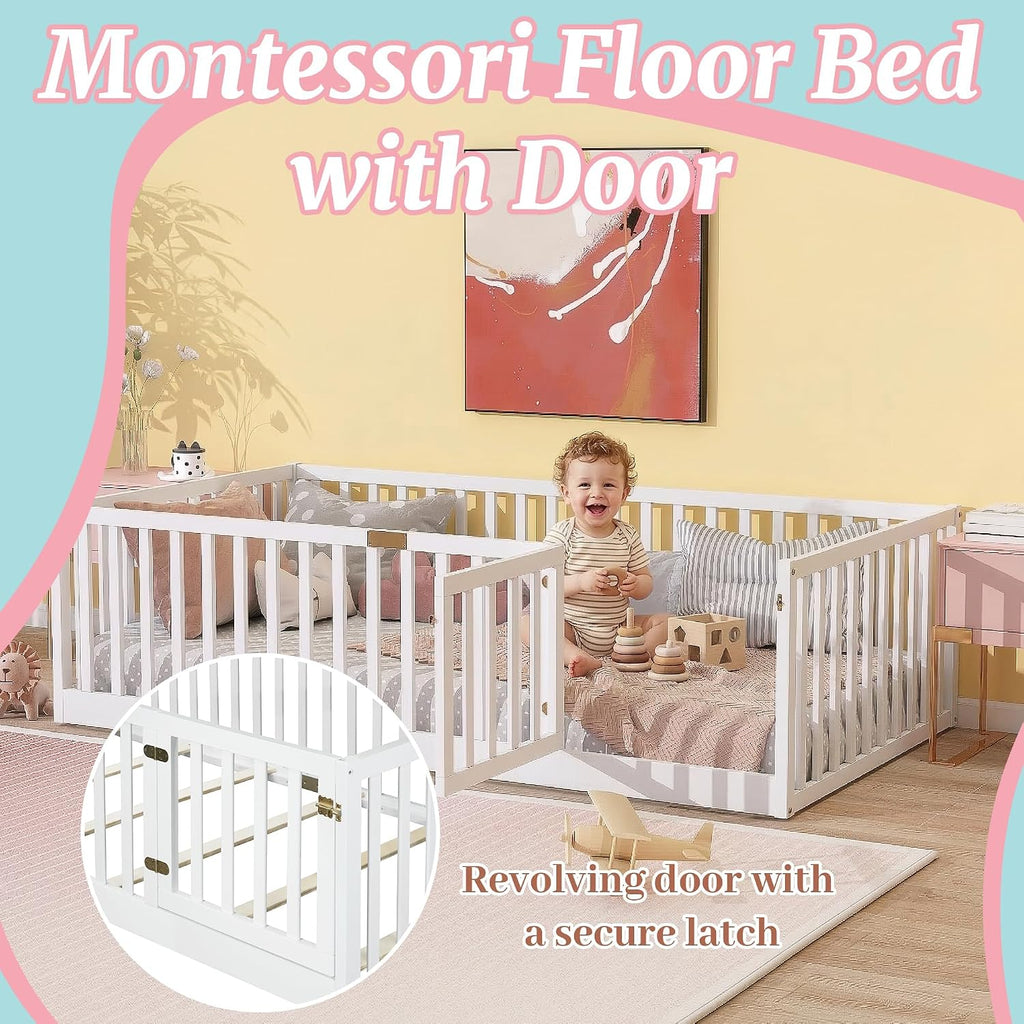 Montessori Floor Bed with High Rails, Door & Slats for Kids, White