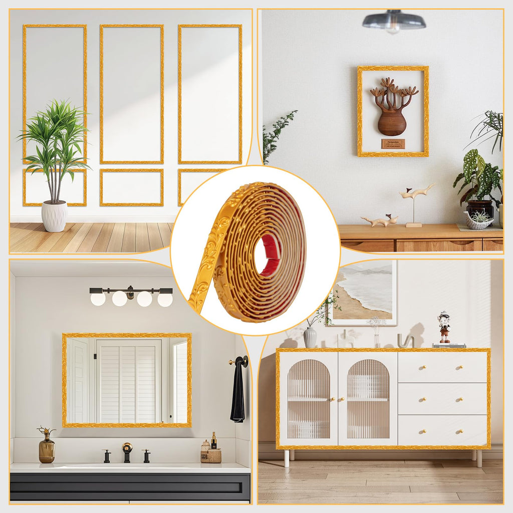 3 Pack 16.4FT Gold Peel and Stick Crown Molding Trim Kit - Self-Adhesive Decorative Trim for Mirror Borders, Doors &