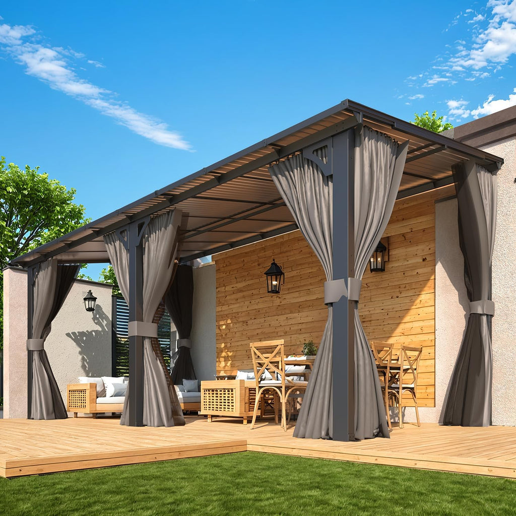 16' x 8' Gazebo Outdoor Pergola with Curtains and Netting, 8'x16’ Hard Top Lean to Pergolas and Gazebos Clearance with Patio Roof Shelter, Large Wall-Mounted Heavy Duty Metal Awnings for Patio
