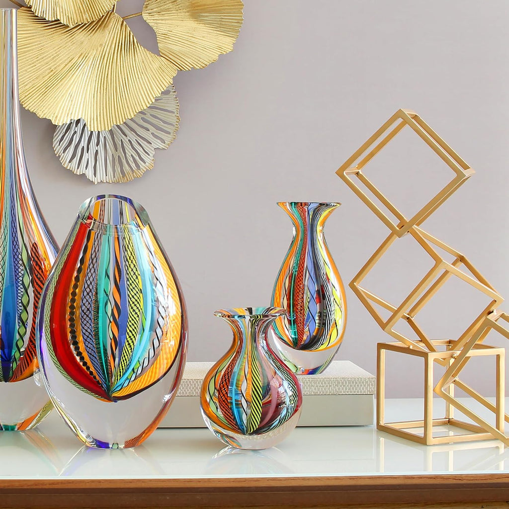 Murano Style Glass Vase Hand Blown Colored Canes Boho Effect Home Decor