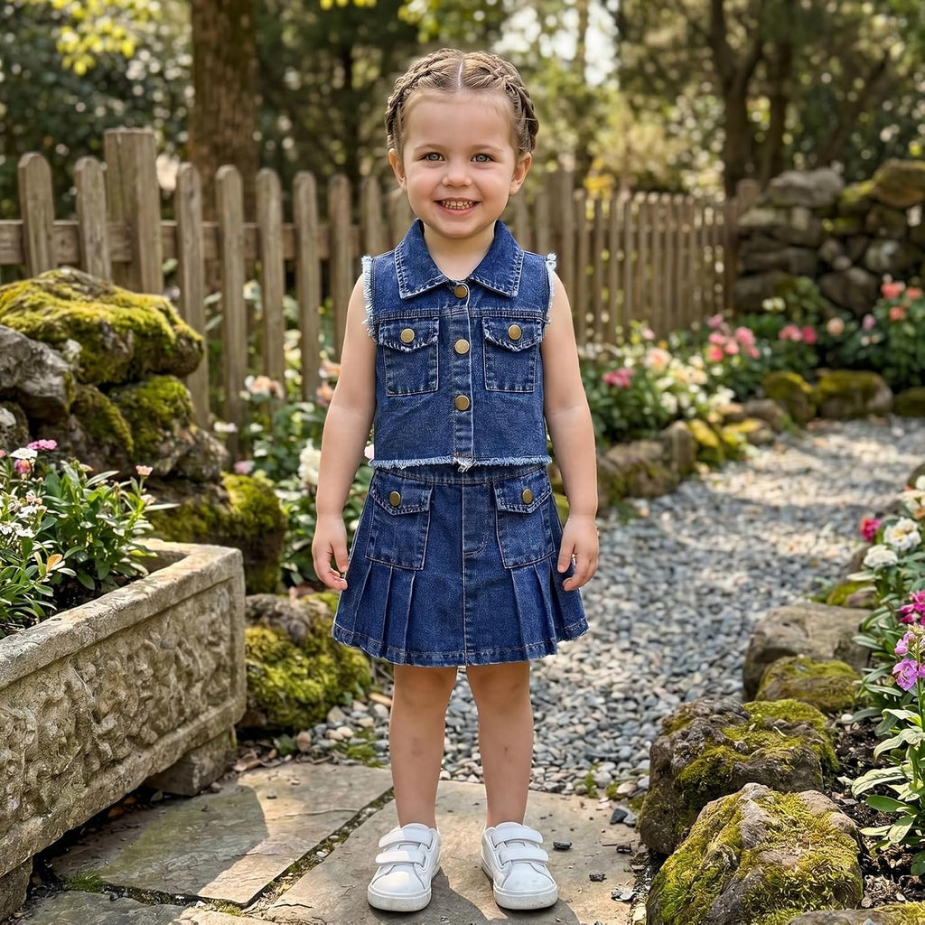 Toddler Baby Girl Denim Outfit for Kid 2Pcs Summer Fall Clothes Lapel Neck Button Up Vest Tops and Pleated Skirts Set