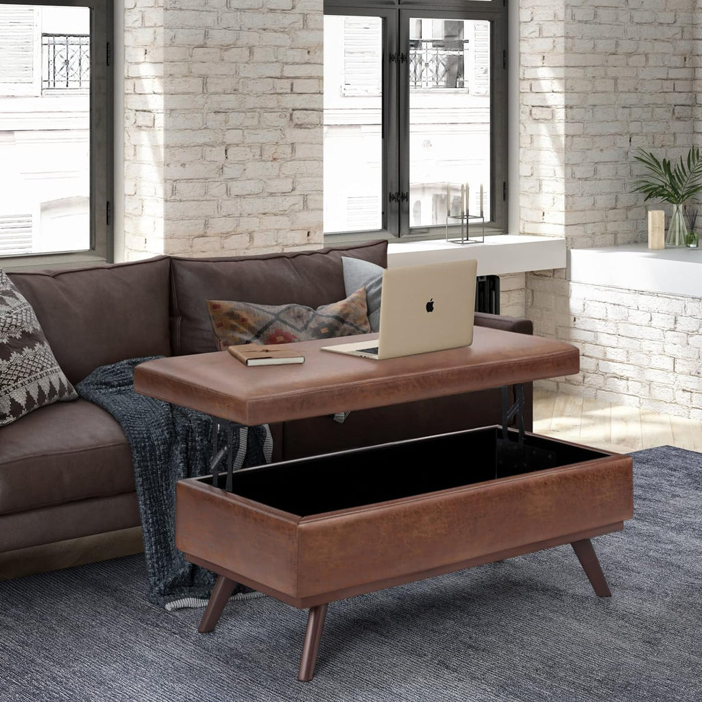 Owen 42" Wide Vegan Leather Lift Top Ottoman in Saddle Brown | Distressed saddle brown, mid-century modern lift-top